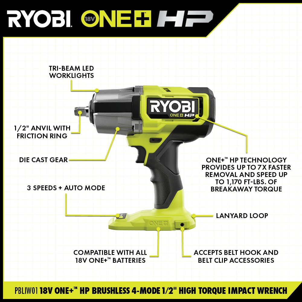 18V ONE+ HP Brushless 4-Mode 1/2" High Torque Impact Wrench - Image 2