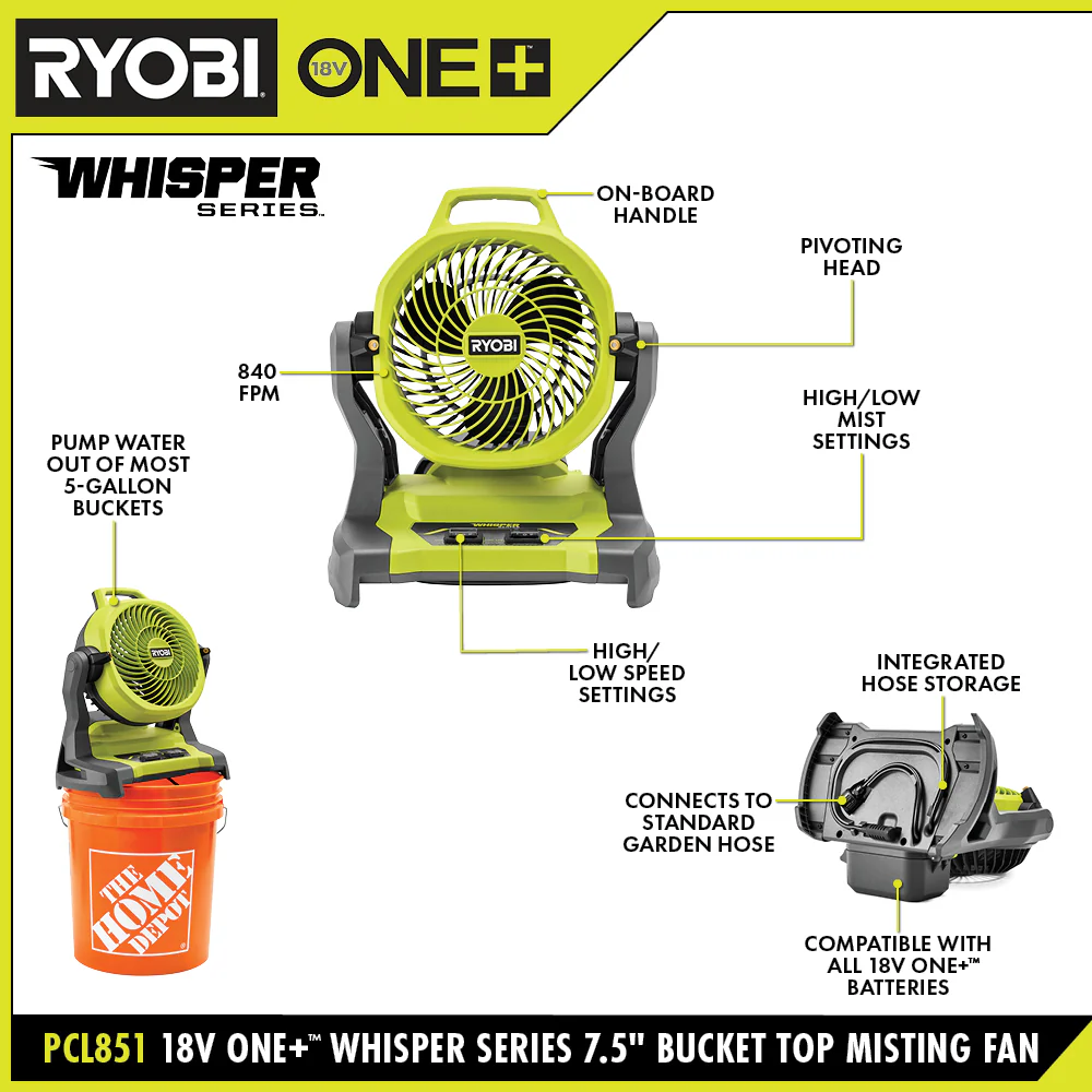 18V ONE+ WHISPER SERIES 7.5" BUCKET TOP MISTING FAN - Image 2