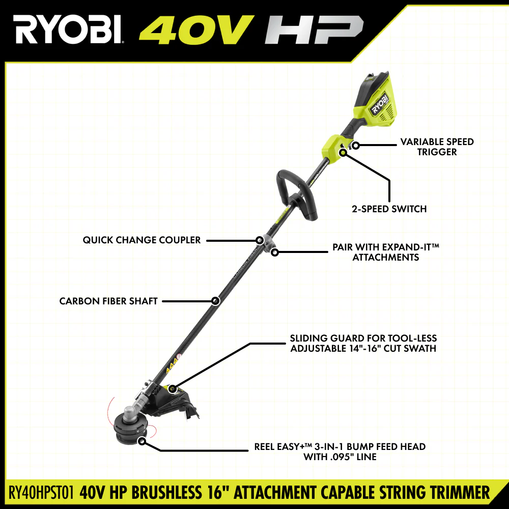 40V HP Brushless 16" Attachment Capable String Trimmer - Image 3
