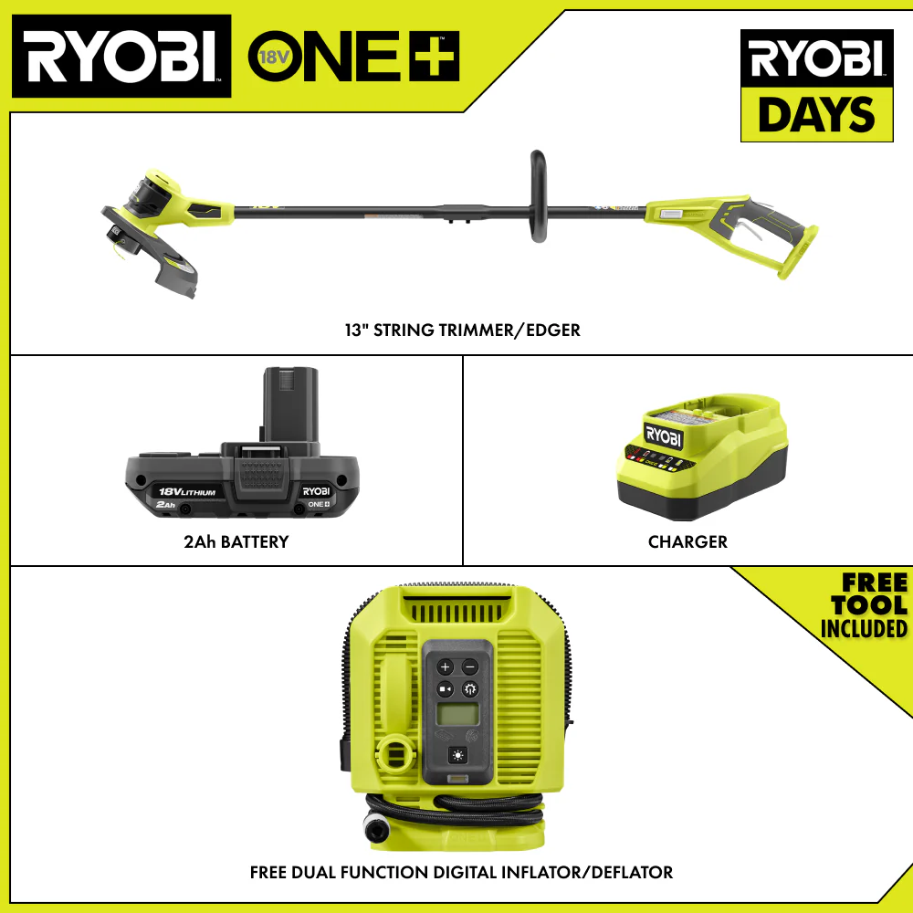 18V ONE+ 13" STRING TRIMMER/EDGER KIT WITH FREE 18V ONE+ DUAL FUNCTION DIGITAL INFLATOR/DEFLATOR - Image 2